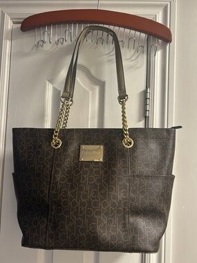 Calvin Klein Dark Brown Monogram Tote with Gold Chain Accents